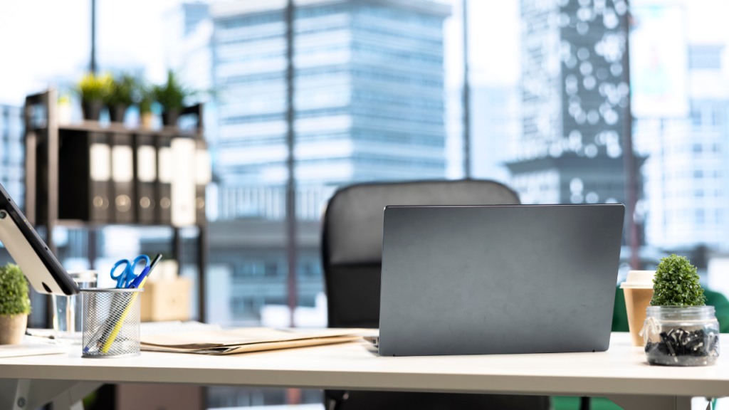 An office desk featuring a laptop and a small green plant beside it.