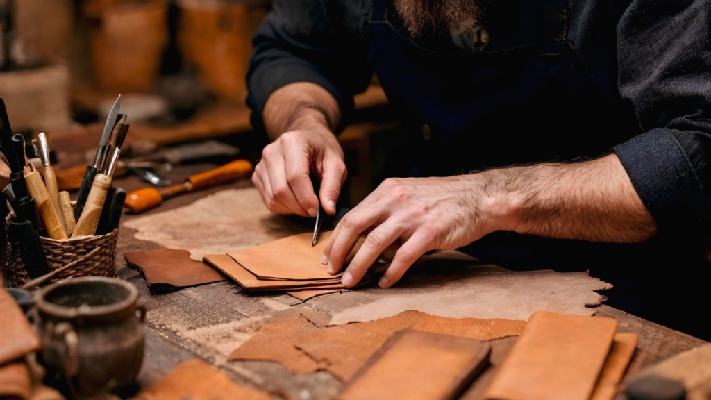 A man crafts leather items in his workshop.