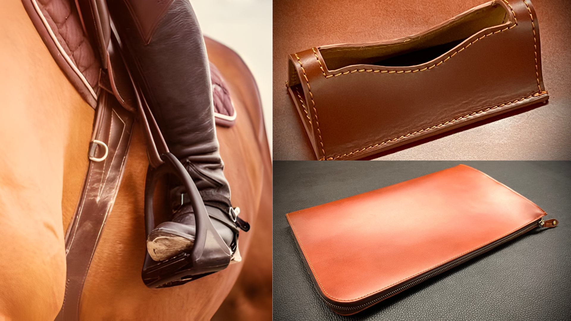 A composite image showing a rider's boot in a stirrup on a horse, a brown leather card holder showcasing stitching, and a sleek, closed leather folio.