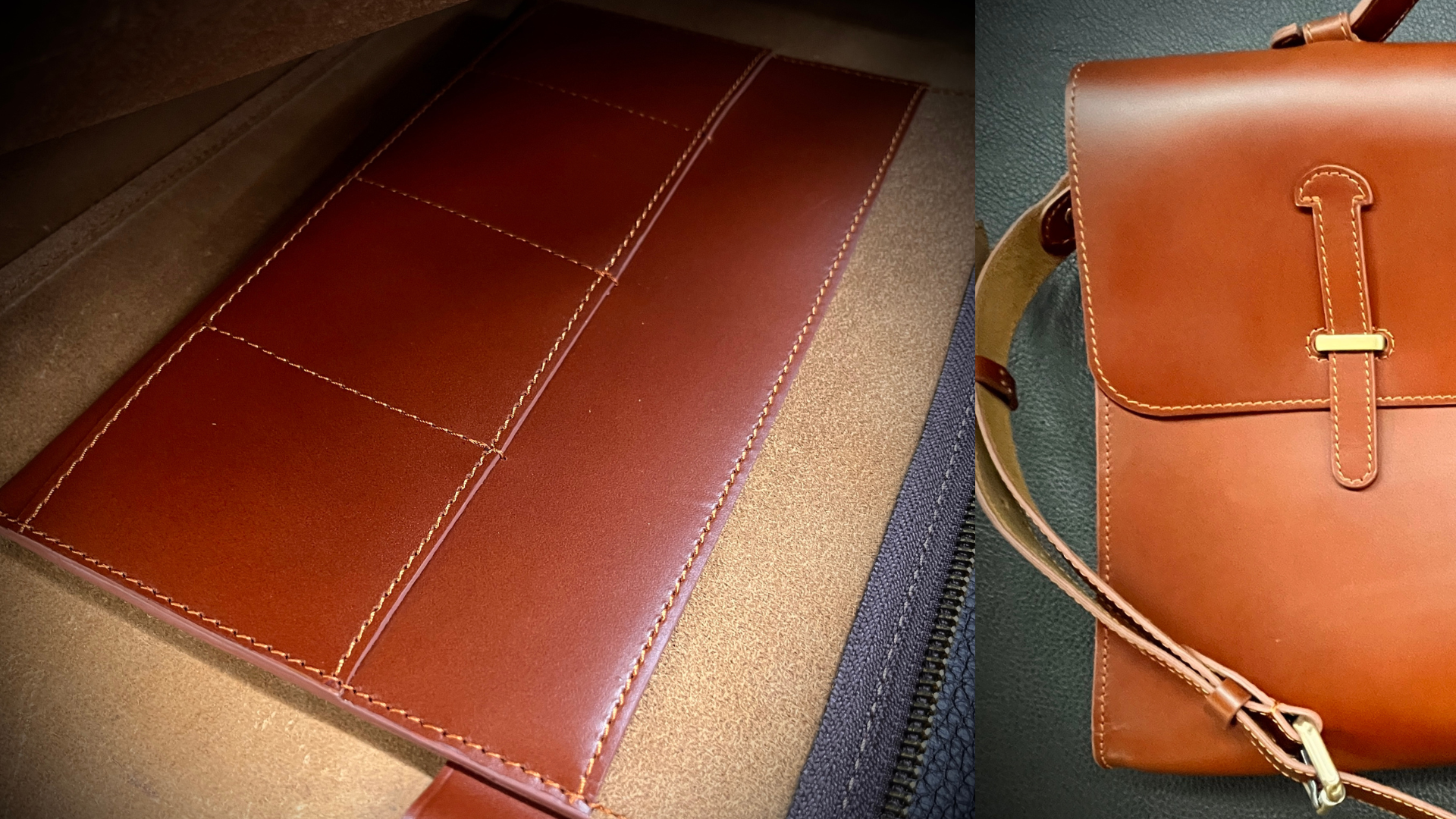 Close-up of a brown leather bag, showcasing a textured panel on the left and a sleek flap with a buckle on the right.