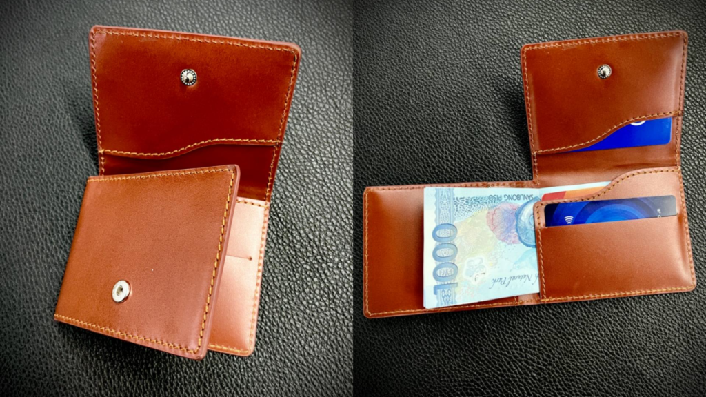 The left photo shows the wallet empty, while the right photo displays it holding cash and cards.