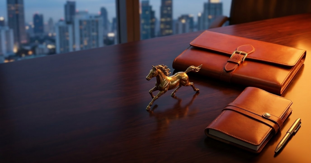 A sleek wooden desk with a bronze horse figurine, brown leather folders, and a pen, set against a window with a blurred city skyline at dusk.