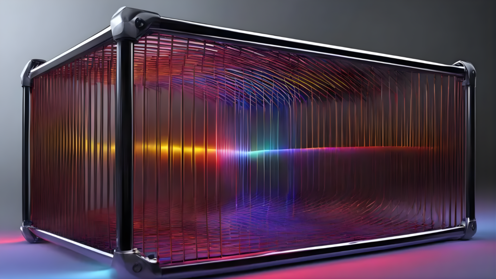 A sleek, futuristic glass box with metal corners displays vibrant, colorful light beams inside, creating a holographic effect against a dark background.