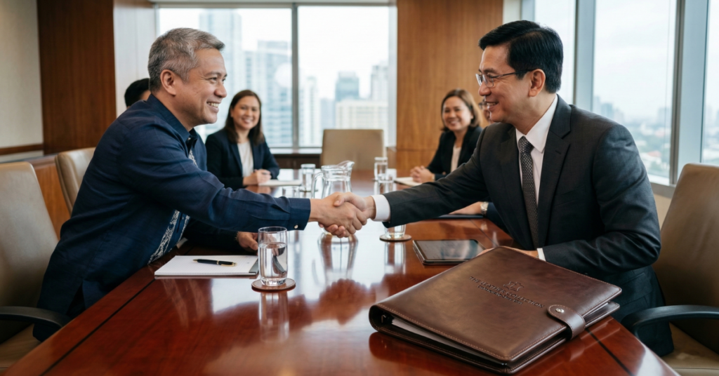 Two businesspeople shake hands across a conference table, smiling, with colleagues seated in the background.