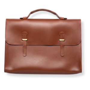 A sleek brown leather briefcase with a handle and two clasp straps on the front.