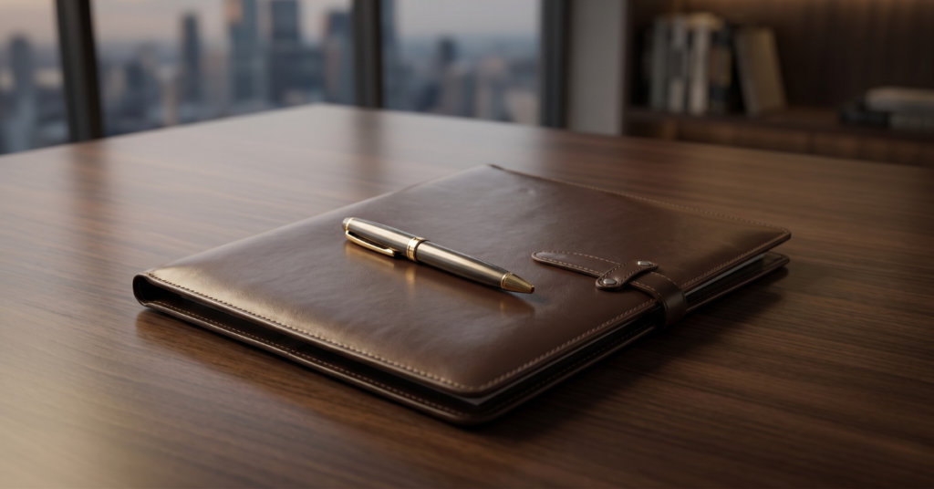 A sleek, gold-trimmed pen rests on a closed leather portfolio on a polished wooden desk