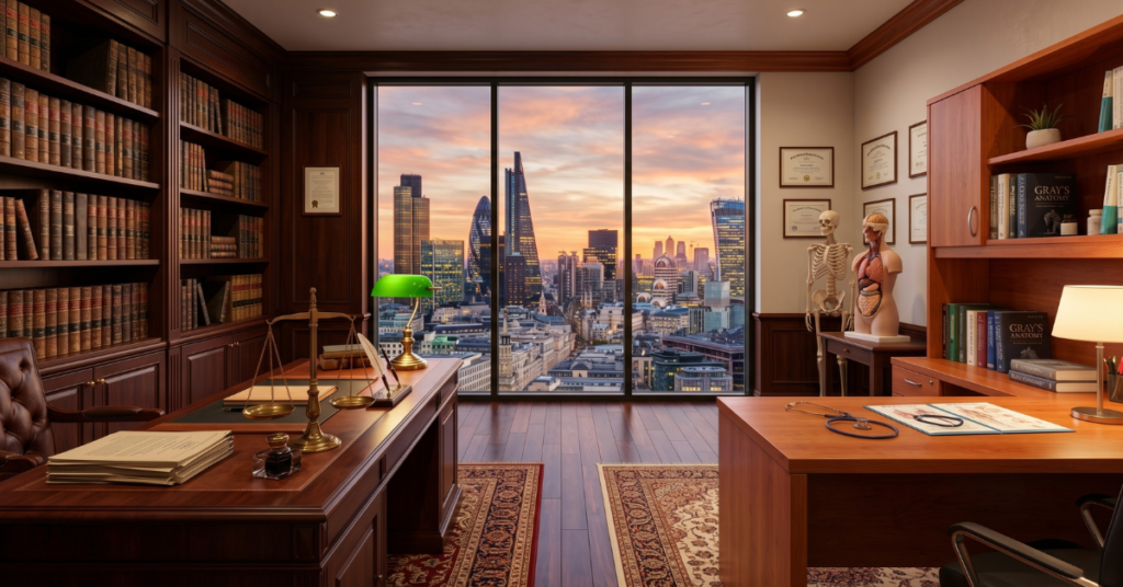 A luxurious split-theme executive office featuring a lawyer's mahogany desk with the scales of justice on the left, and a doctor's desk with medical anatomical models on the right, overlooking a city skyline at sunset.